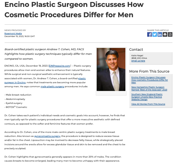 Encino Plastic Surgeon On Cosmetic Surgery Differing for Men